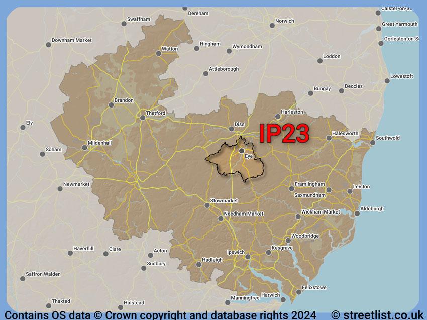 Where the IP23 postcode district lies within the wider  postcode area