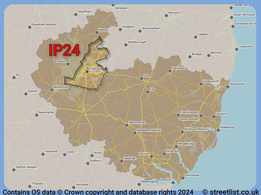 Where the IP24 postcode district lies within the wider  postcode area