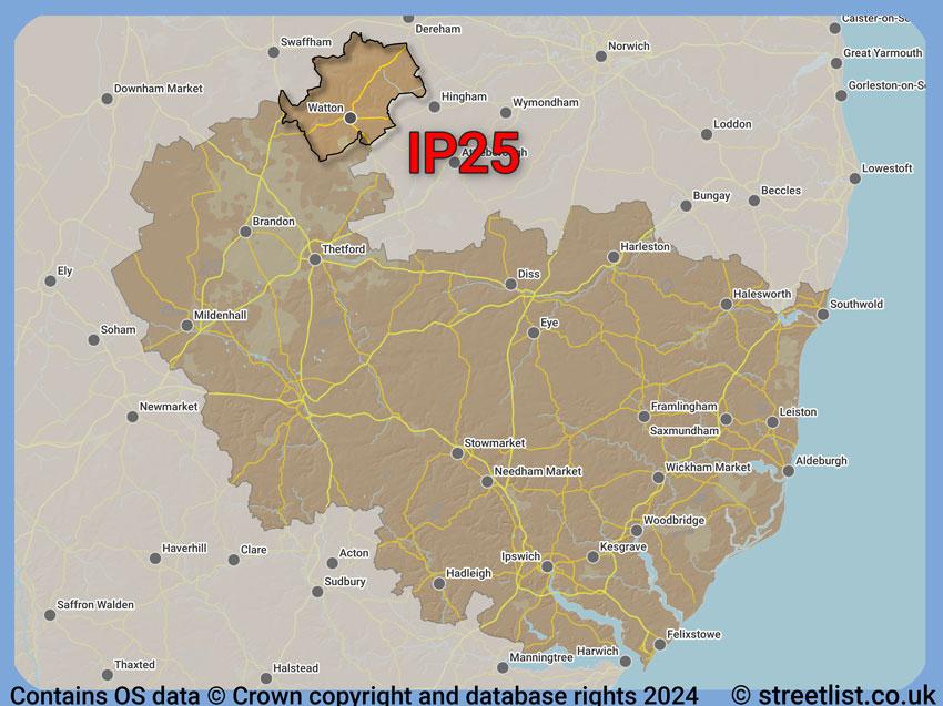 Where the IP25 postcode district lies within the wider  postcode area