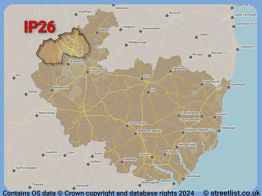 Where the IP26 postcode district lies within the wider  postcode area