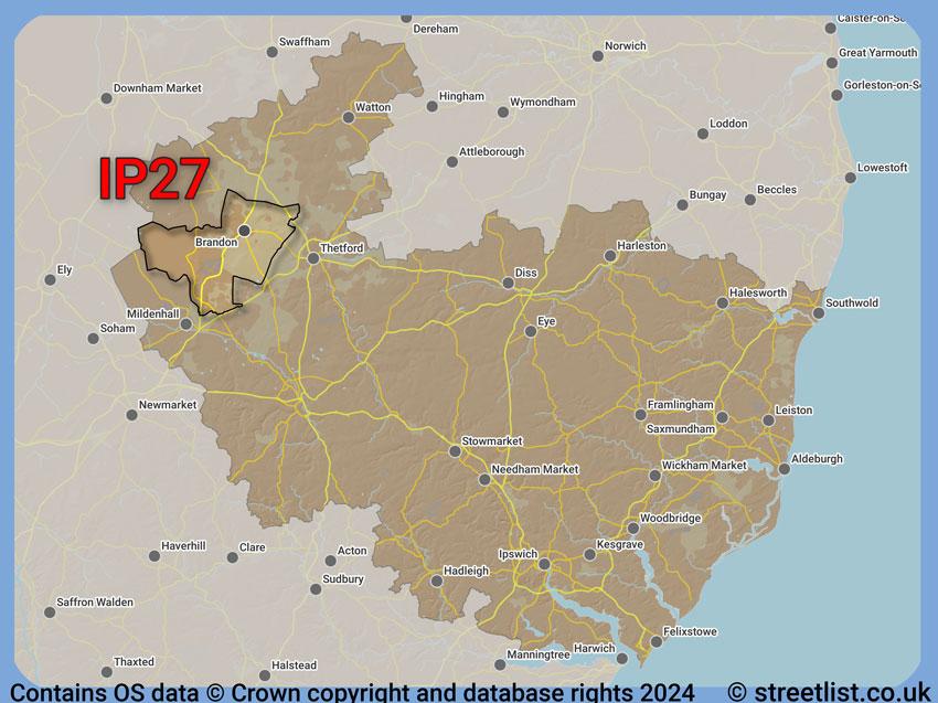 Where the IP27 postcode district lies within the wider  postcode area