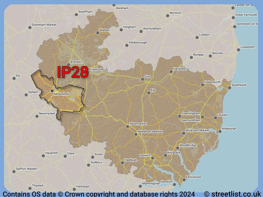 Where the IP28 postcode district lies within the wider  postcode area