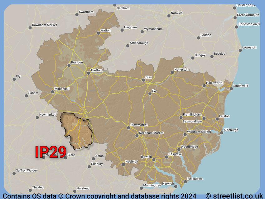 Where the IP29 postcode district lies within the wider  postcode area