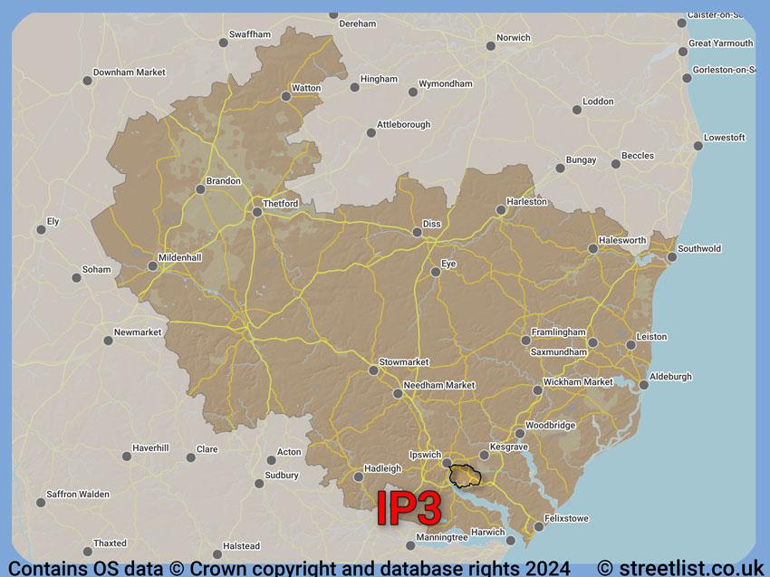 Where the IP3 postcode district lies within the wider  postcode area