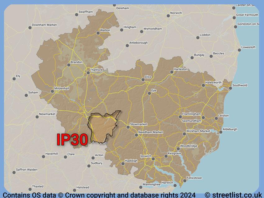 Where the IP30 postcode district lies within the wider  postcode area