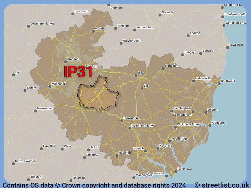 Where the IP31 postcode district lies within the wider  postcode area