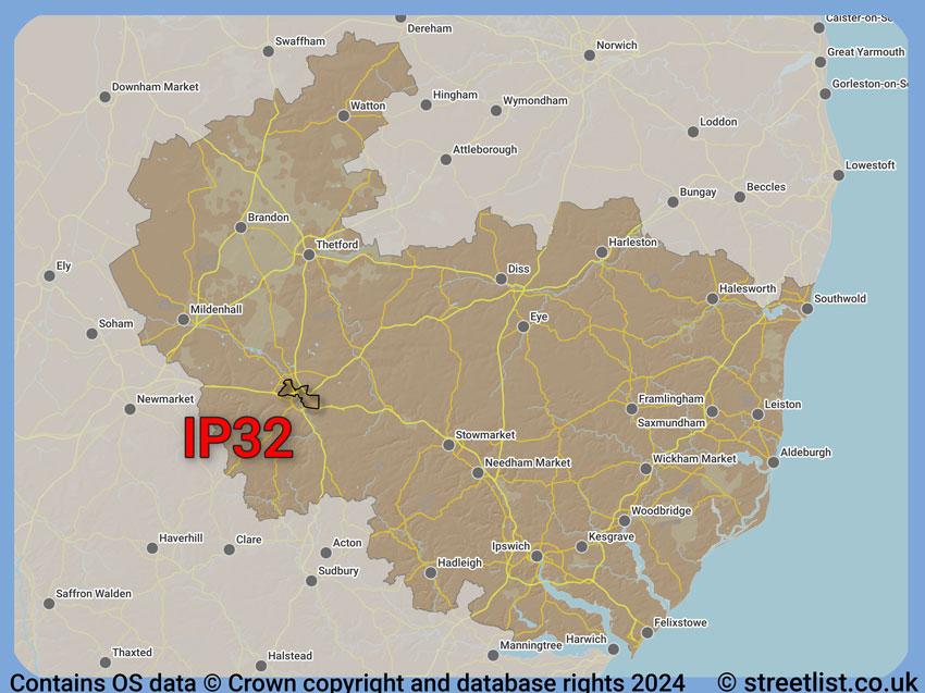 Where the IP32 postcode district lies within the wider  postcode area