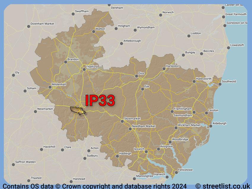 Where the IP33 postcode district lies within the wider  postcode area