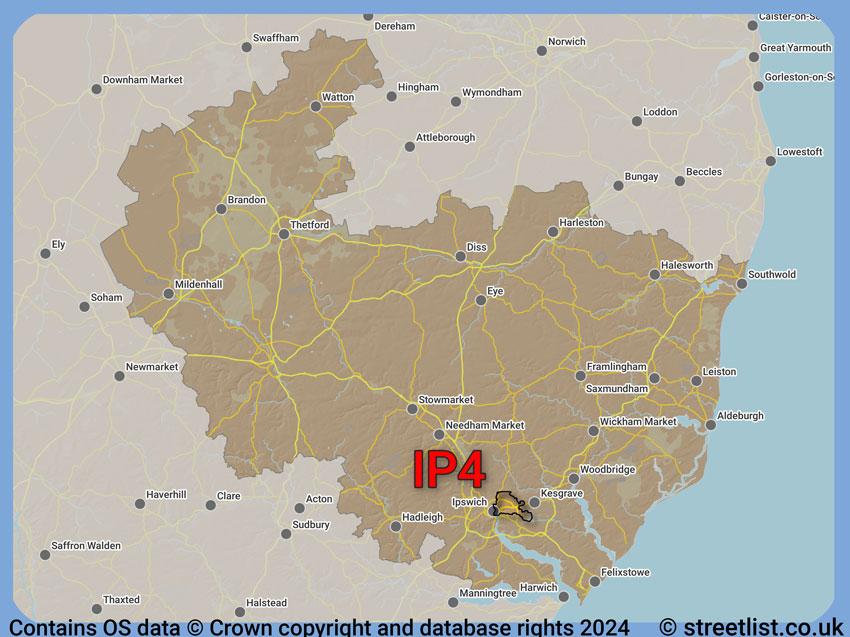 Where the IP4 postcode district lies within the wider  postcode area