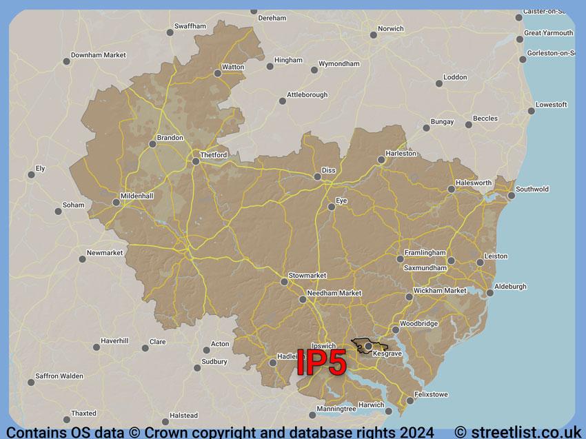 Where the IP5 postcode district lies within the wider  postcode area