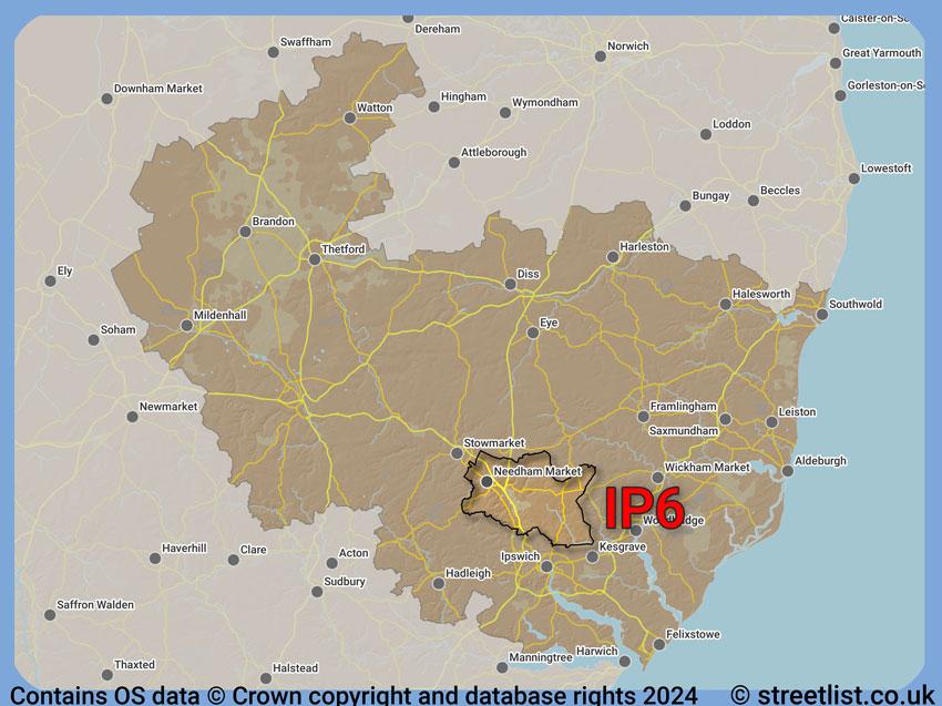 Where the IP6 postcode district lies within the wider  postcode area