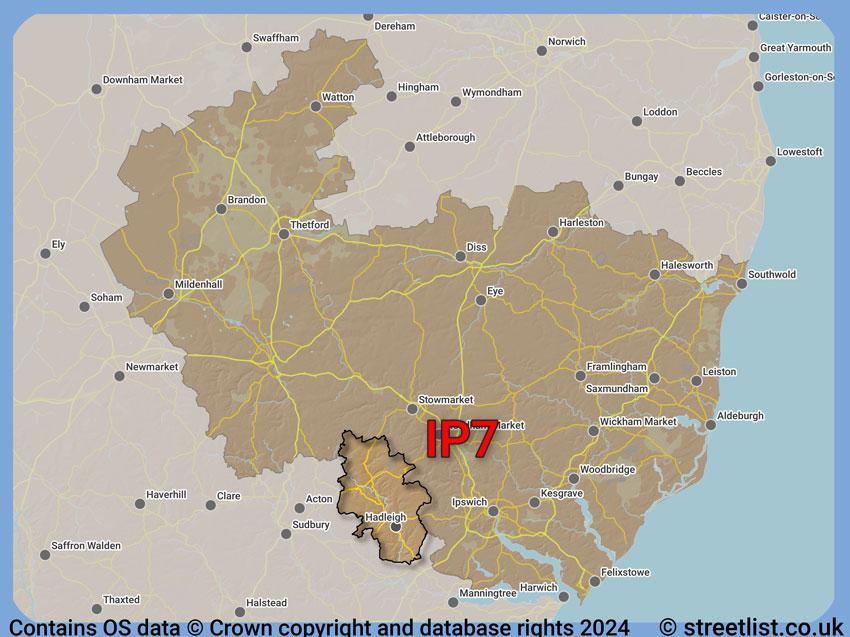 Where the IP7 postcode district lies within the wider  postcode area