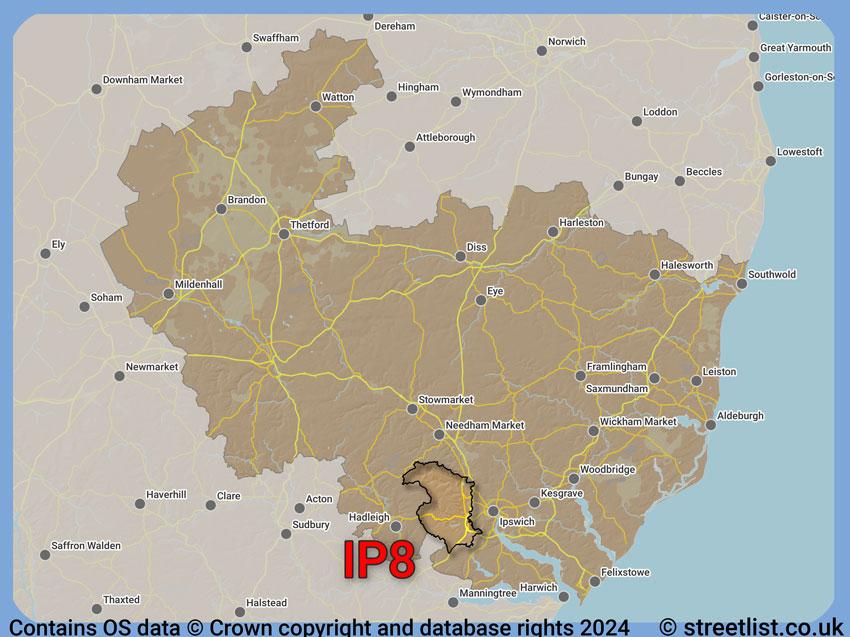 Where the IP8 postcode district lies within the wider  postcode area