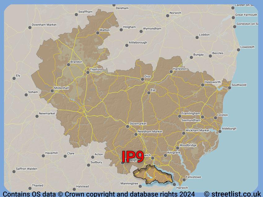 Where the IP9 postcode district lies within the wider  postcode area