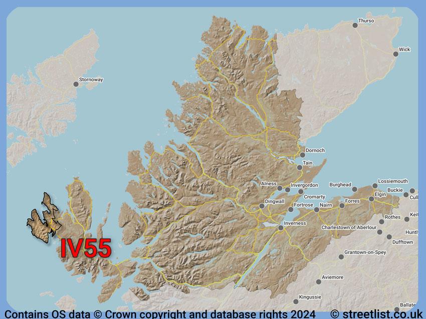 Where the IV55 postcode district lies within the wider  postcode area