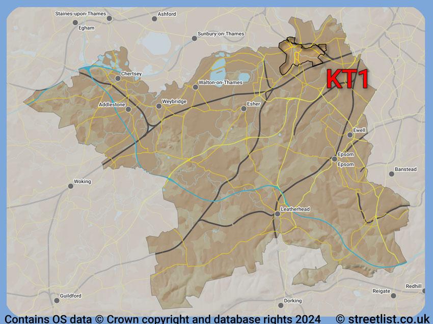 Where the KT1 postcode district lies within the wider  postcode area