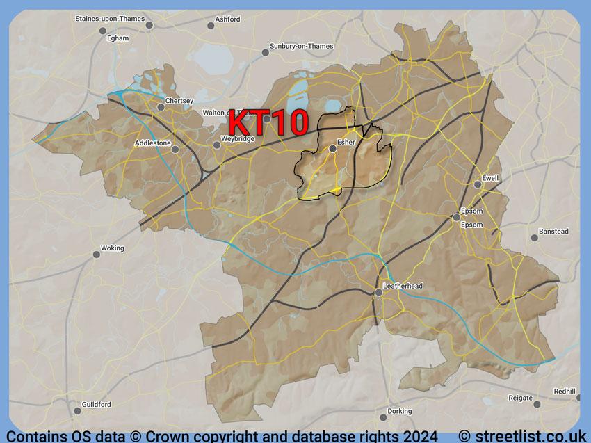 Where the KT10 postcode district lies within the wider  postcode area