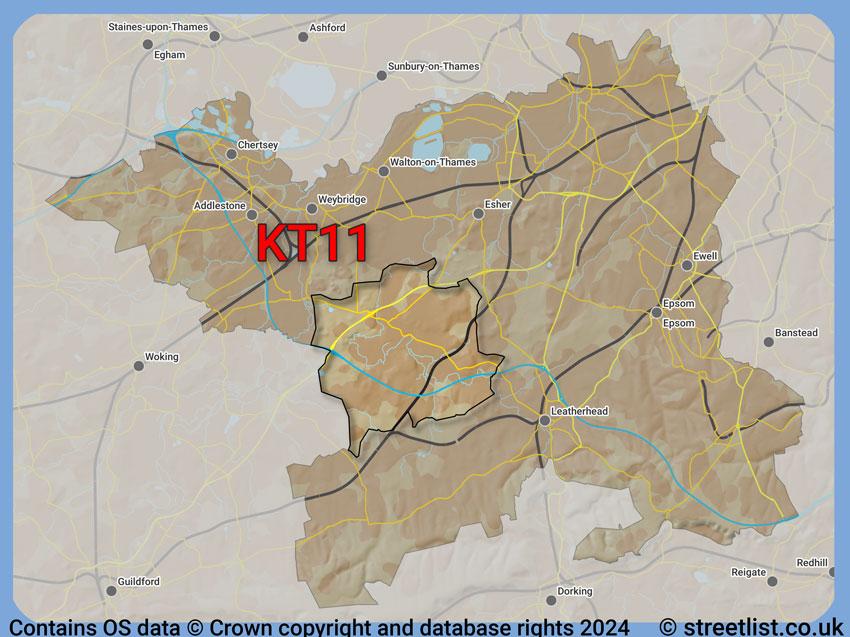 Where the KT11 postcode district lies within the wider  postcode area