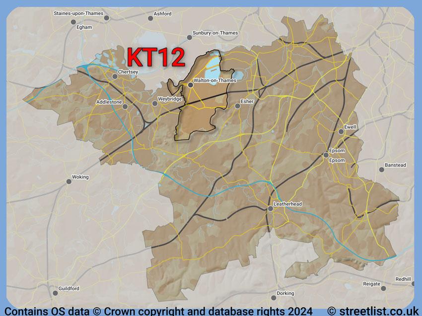 Where the KT12 postcode district lies within the wider  postcode area