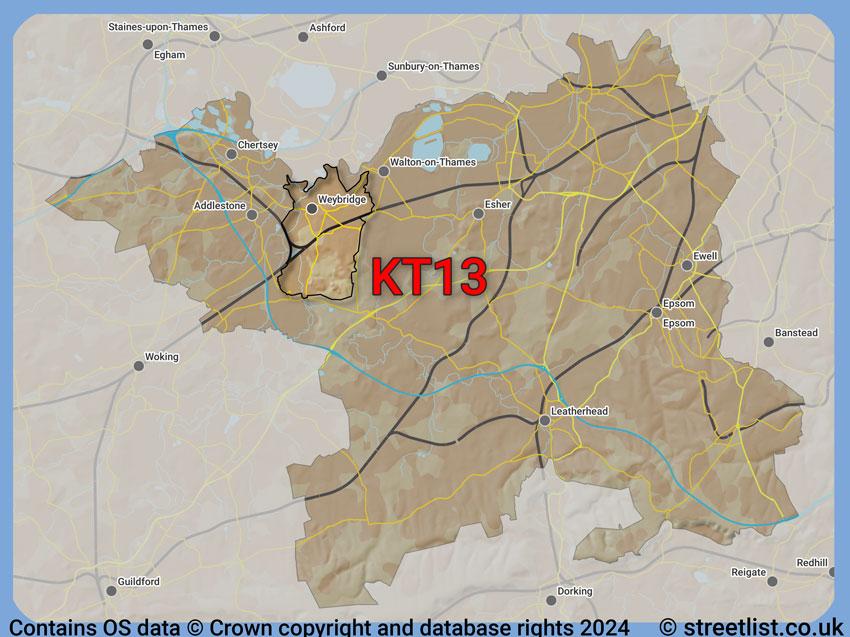 Where the KT13 postcode district lies within the wider  postcode area