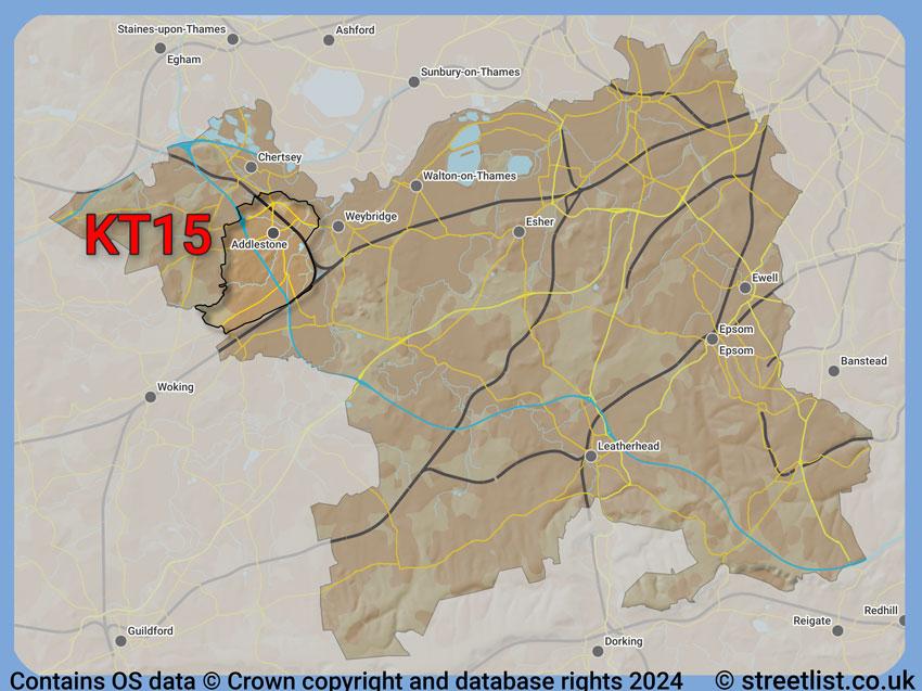 Where the KT15 postcode district lies within the wider  postcode area