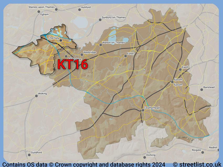 Where the KT16 postcode district lies within the wider  postcode area