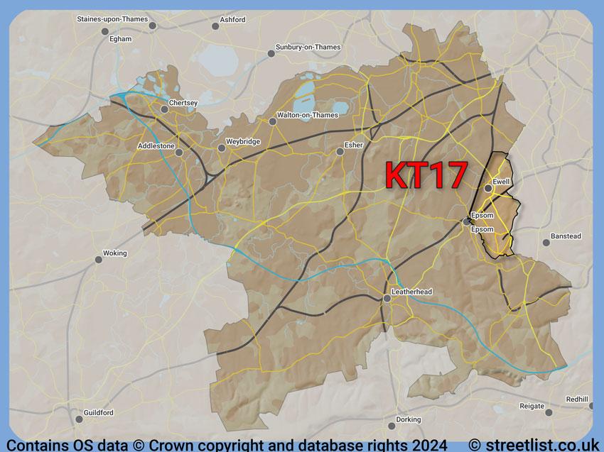 Where the KT17 postcode district lies within the wider  postcode area