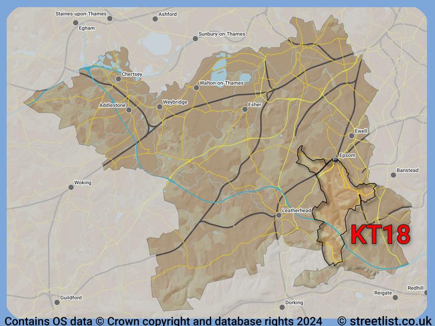 Where the KT18 postcode district lies within the wider  postcode area