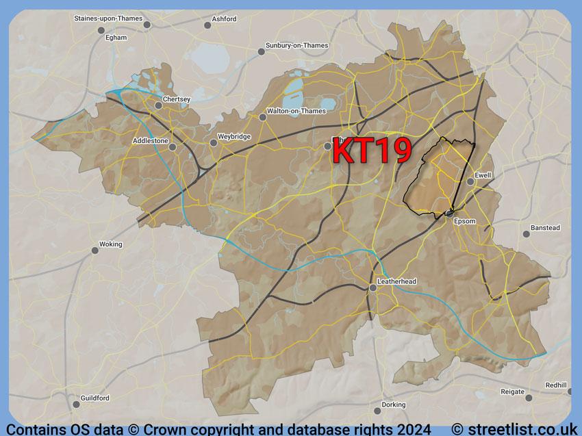 Where the KT19 postcode district lies within the wider  postcode area