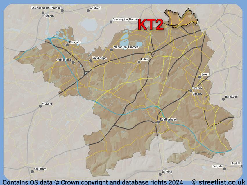 Where the KT2 postcode district lies within the wider  postcode area