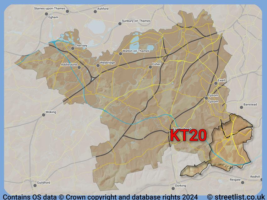 Where the KT20 postcode district lies within the wider  postcode area