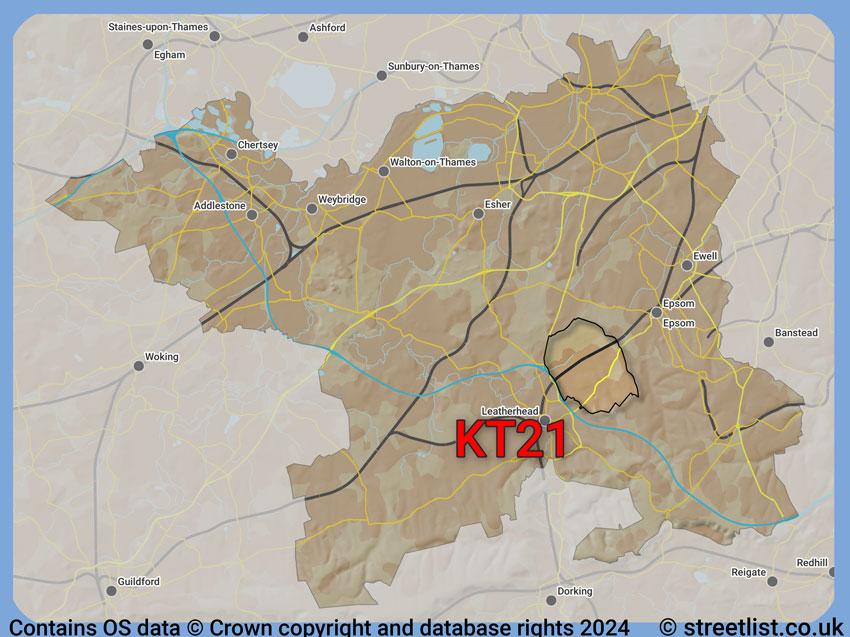 Where the KT21 postcode district lies within the wider  postcode area