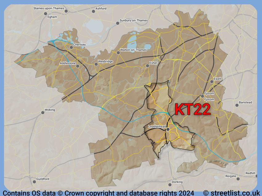 Where the KT22 postcode district lies within the wider  postcode area