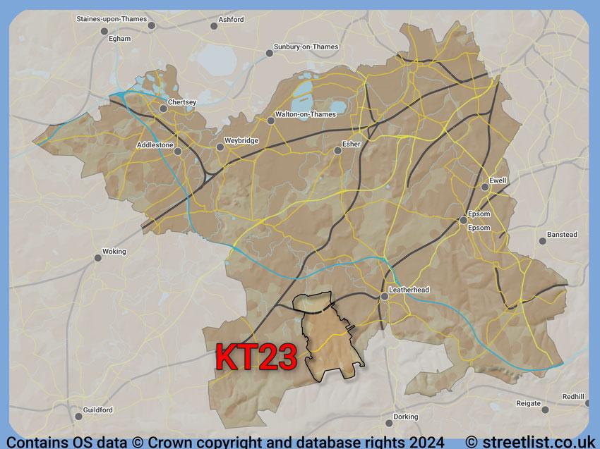 Where the KT23 postcode district lies within the wider  postcode area