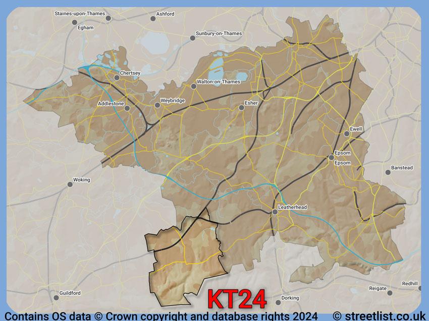 Where the KT24 postcode district lies within the wider  postcode area