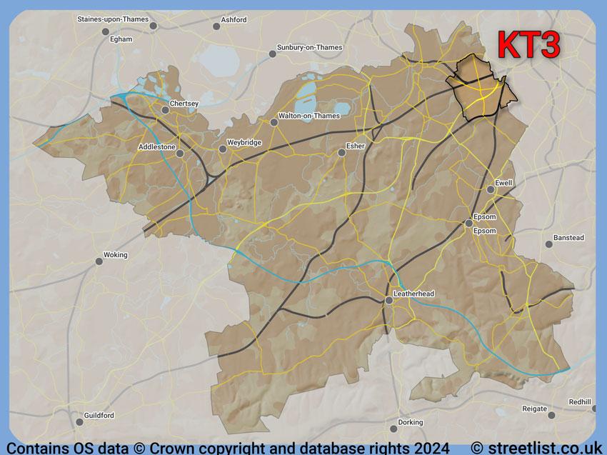 Where the KT3 postcode district lies within the wider  postcode area