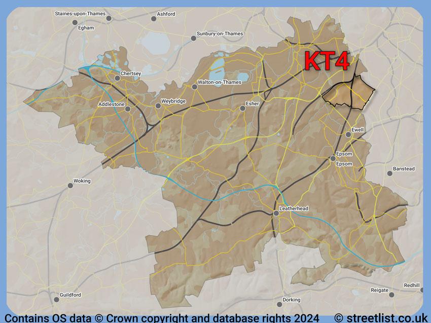 Where the KT4 postcode district lies within the wider  postcode area