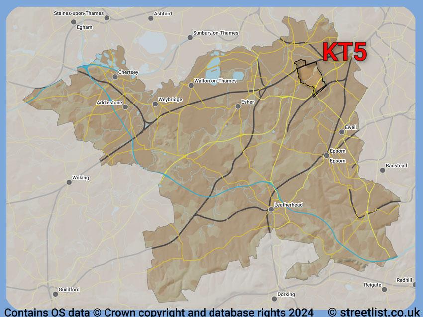 Where the KT5 postcode district lies within the wider  postcode area