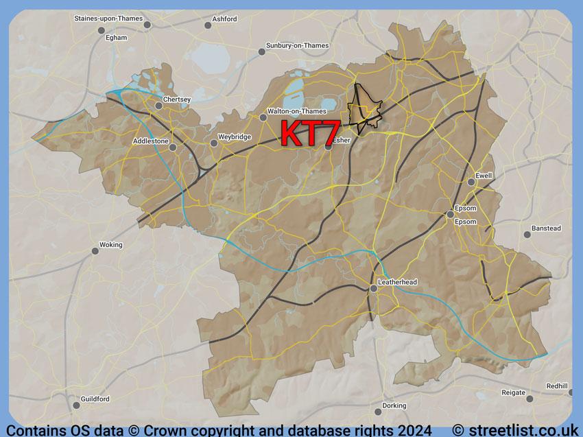 Where the KT7 postcode district lies within the wider  postcode area