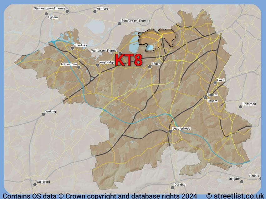 Where the KT8 postcode district lies within the wider  postcode area