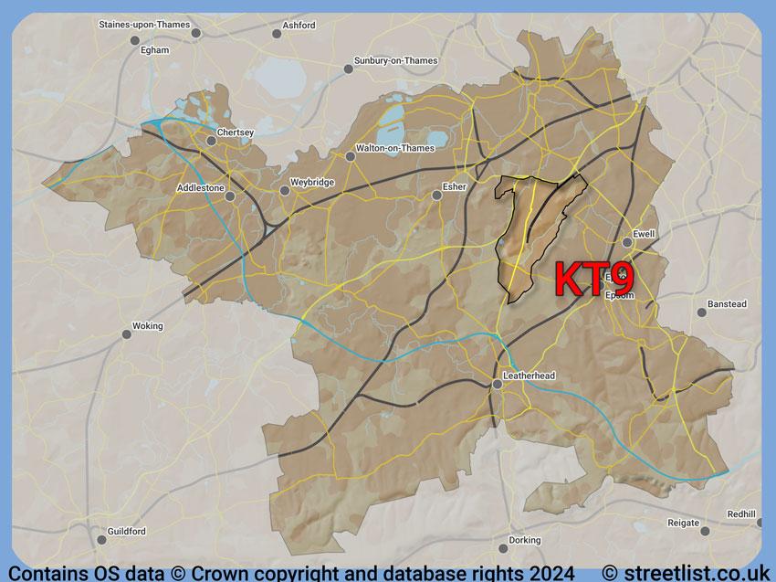 Where the KT9 postcode district lies within the wider  postcode area