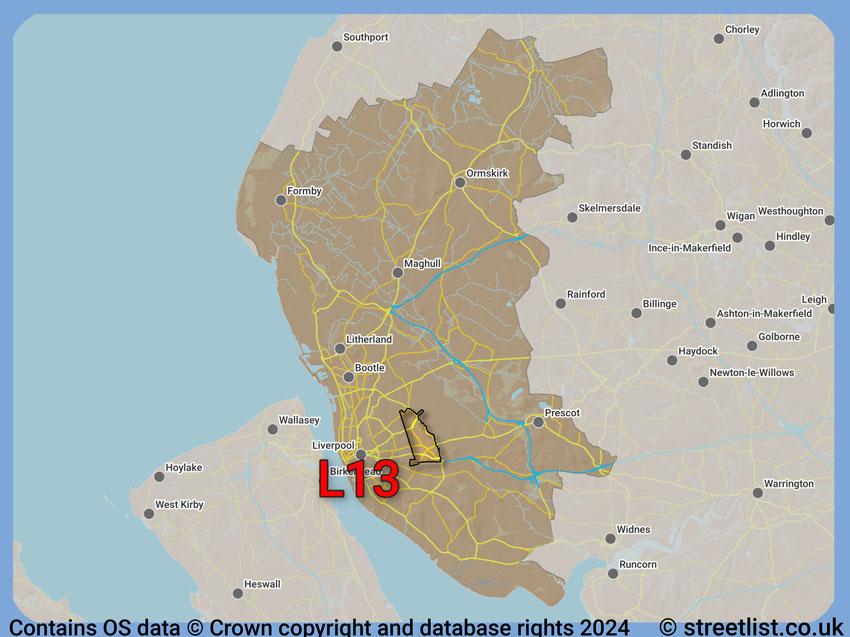 Where the L13 postcode district lies within the wider  postcode area