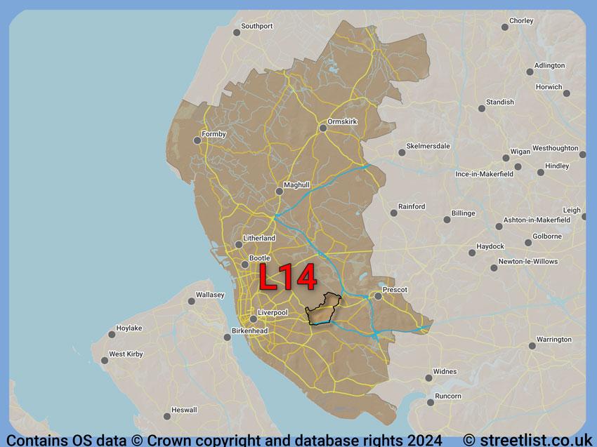 Where the L14 postcode district lies within the wider  postcode area