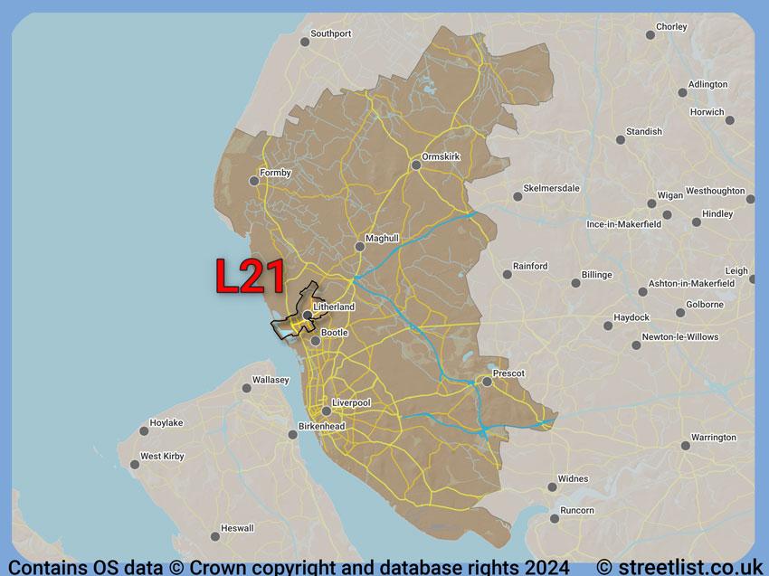 Where the L21 postcode district lies within the wider  postcode area