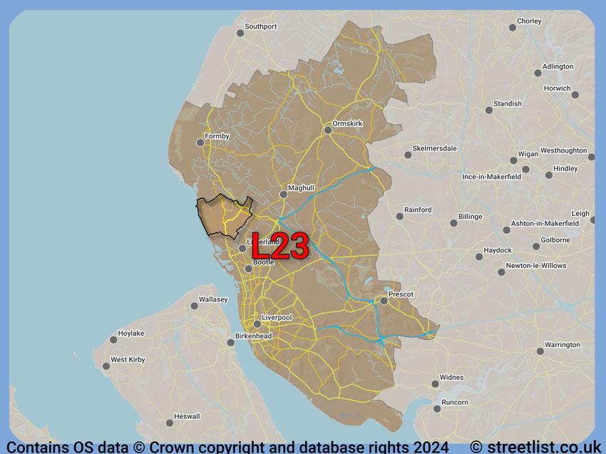 Where the L23 postcode district lies within the wider  postcode area