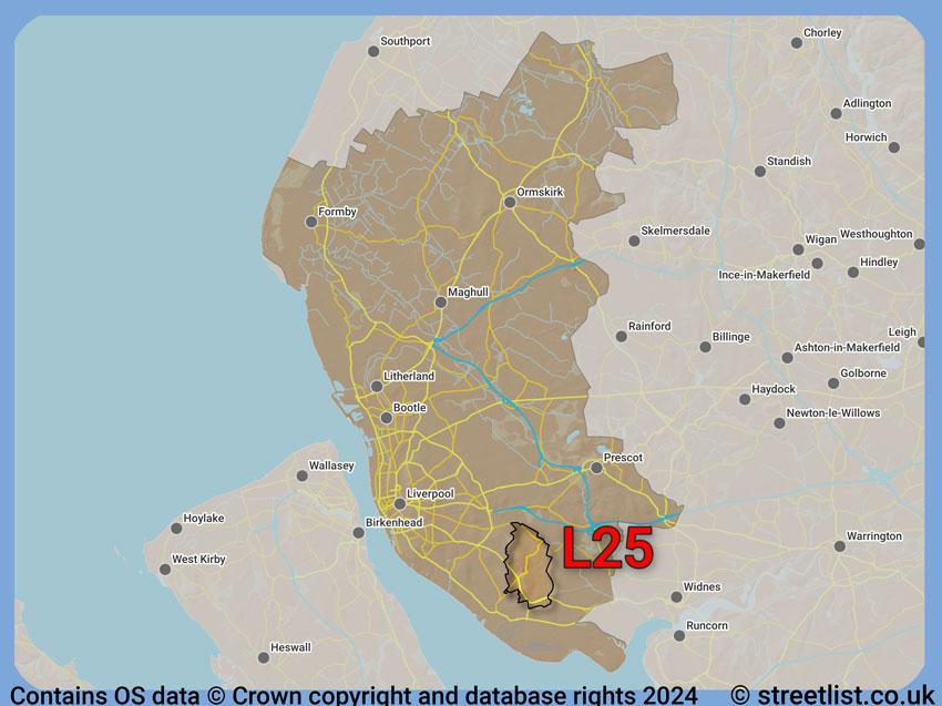 Where the L25 postcode district lies within the wider  postcode area