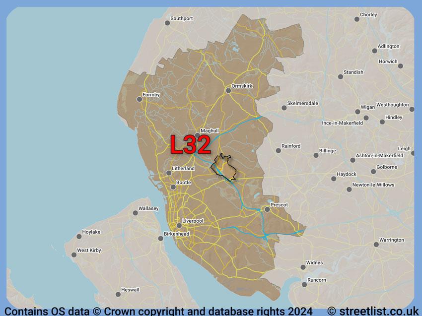 Where the L32 postcode district lies within the wider  postcode area