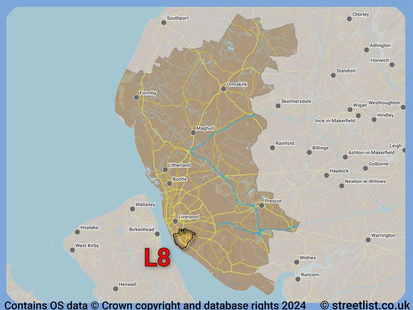 Where the L8 postcode district lies within the wider  postcode area