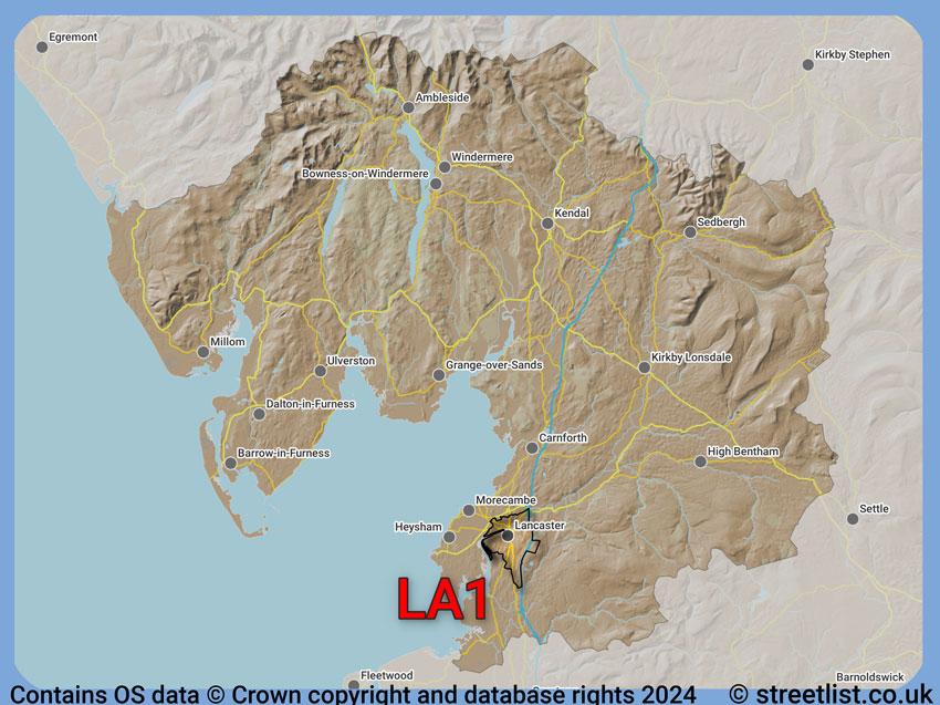 Where the LA1 postcode district lies within the wider  postcode area