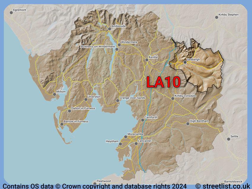 Where the LA10 postcode district lies within the wider  postcode area